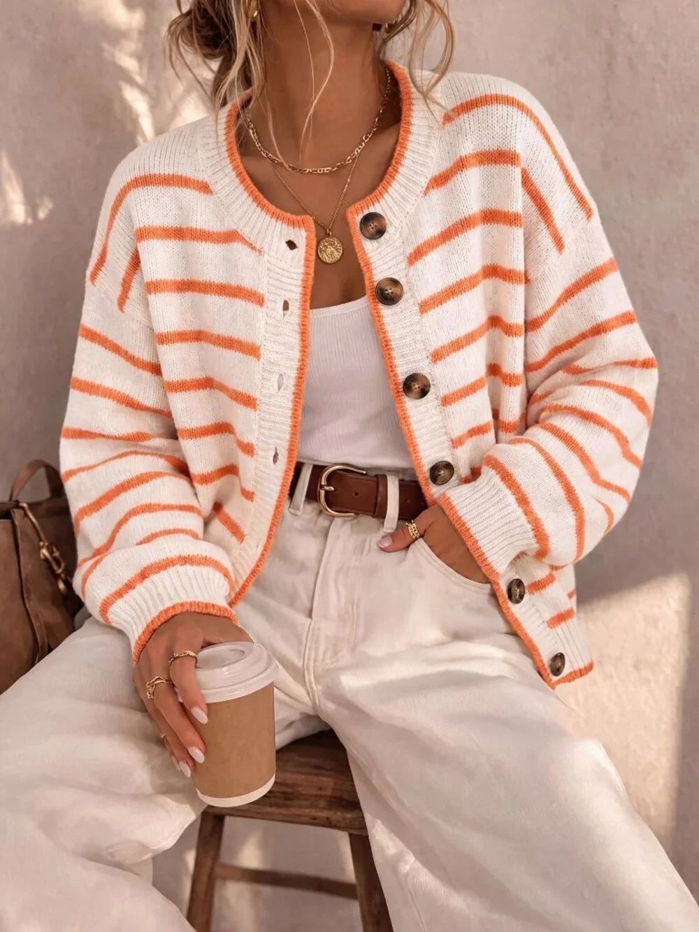 White Casual Women's Single-Breasted Striped Long Sleeve Knit Cardigan